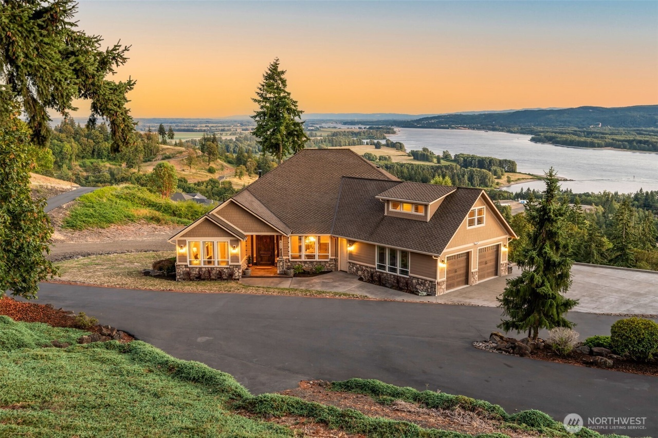 Custom 2017 estate at dusk overlooking the Columbia River in Kalama, Washington